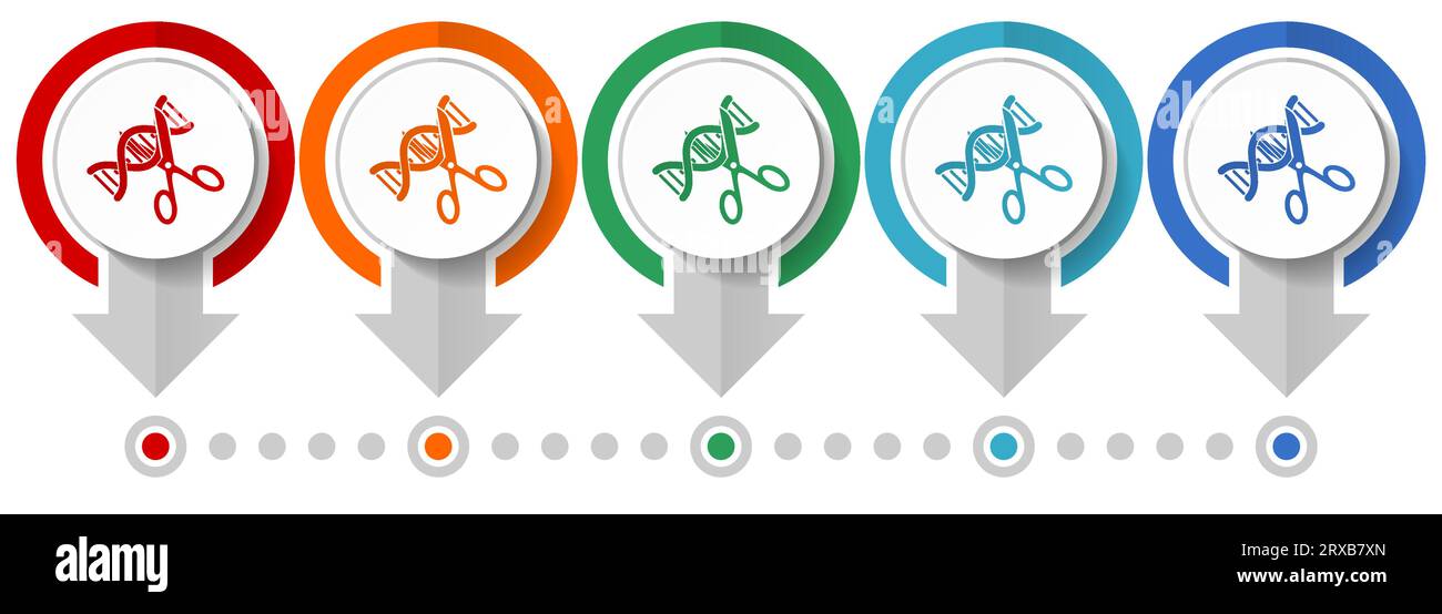 ADN, jeu d'icônes de vecteur de modification génétique, modèle d'infographie de conception plate, définir des icônes de concept de pointeur dans 5 options de couleur pour le webdesign et l'application mobile Illustration de Vecteur