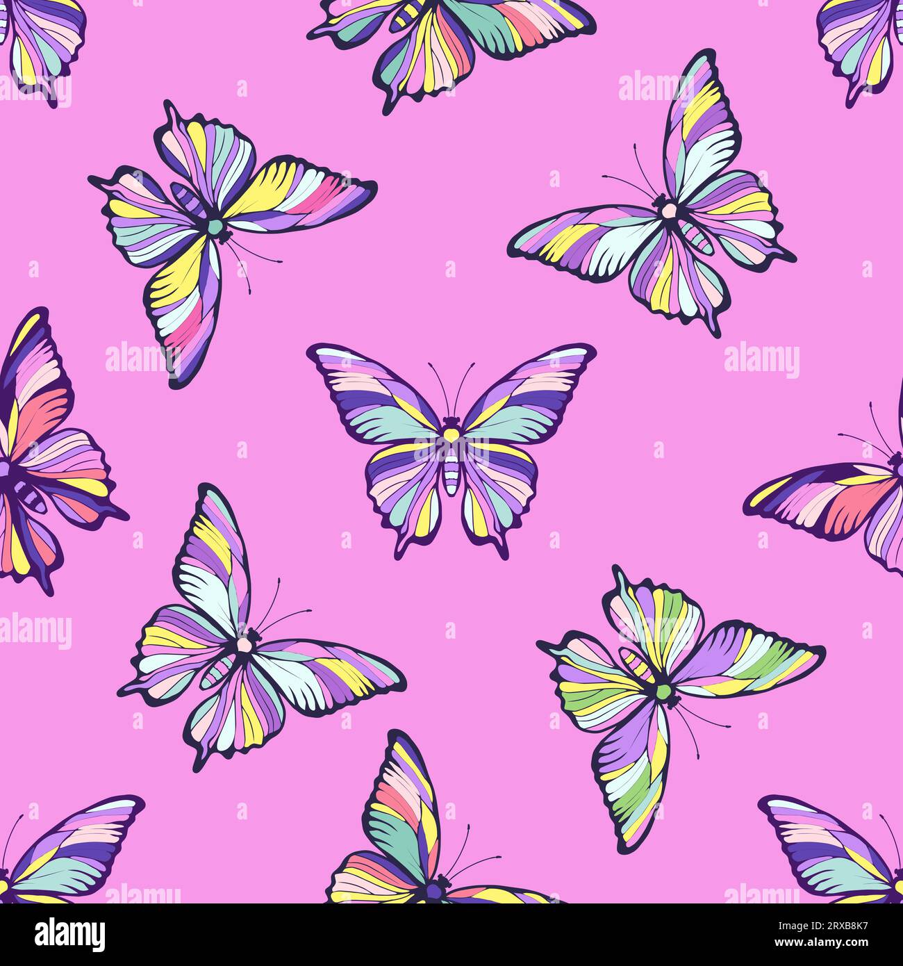 Papillons multicolores motif sans couture sur un fond rose. Illustration vectorielle. Illustration de Vecteur