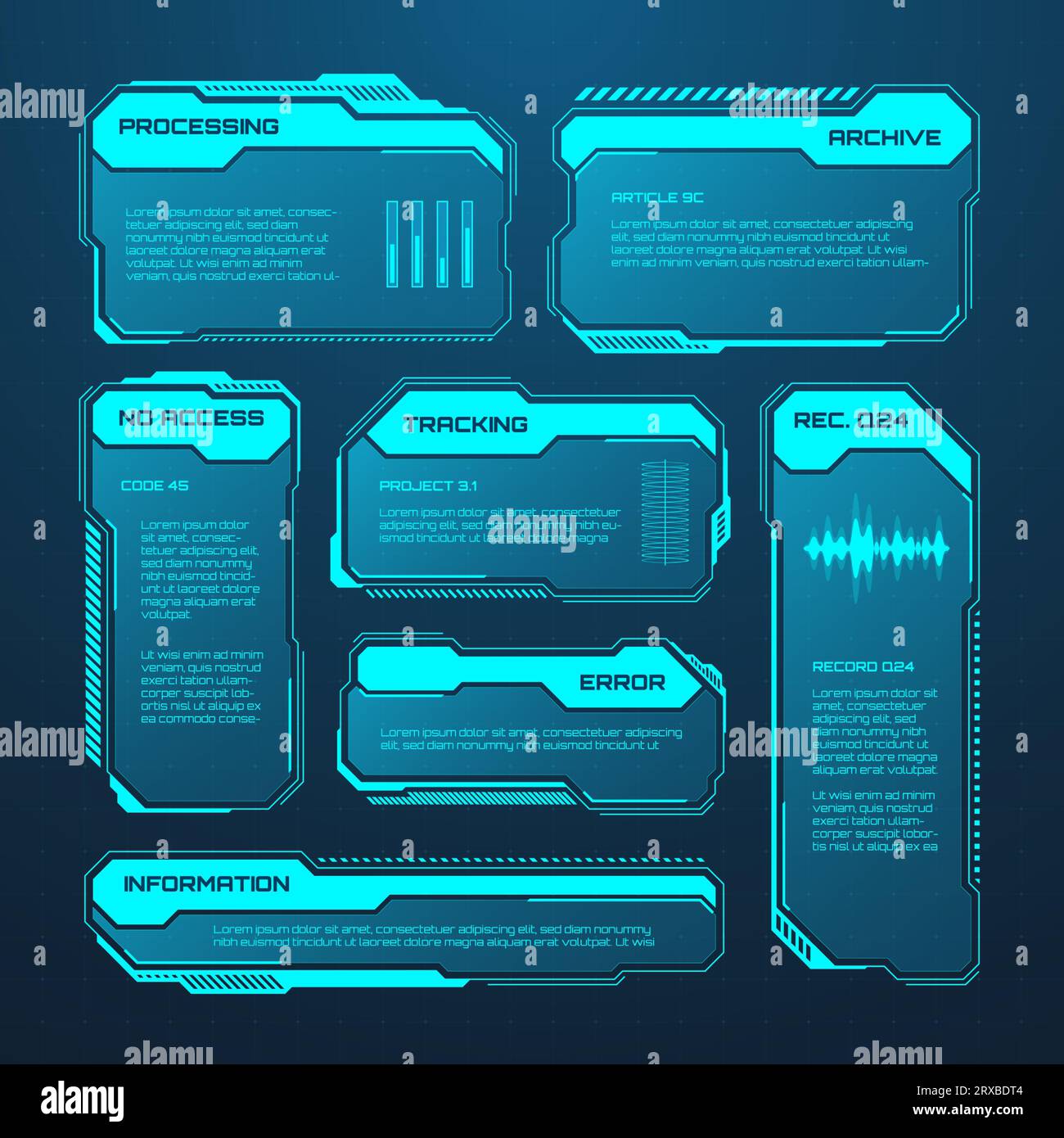 Éléments HUD ou UI futuristes bleus. Zones de texte et légendes de l'interface utilisateur SCI-fi. Cadres de message d'avertissement, modèle de zones d'information. Jeu moderne Illustration de Vecteur