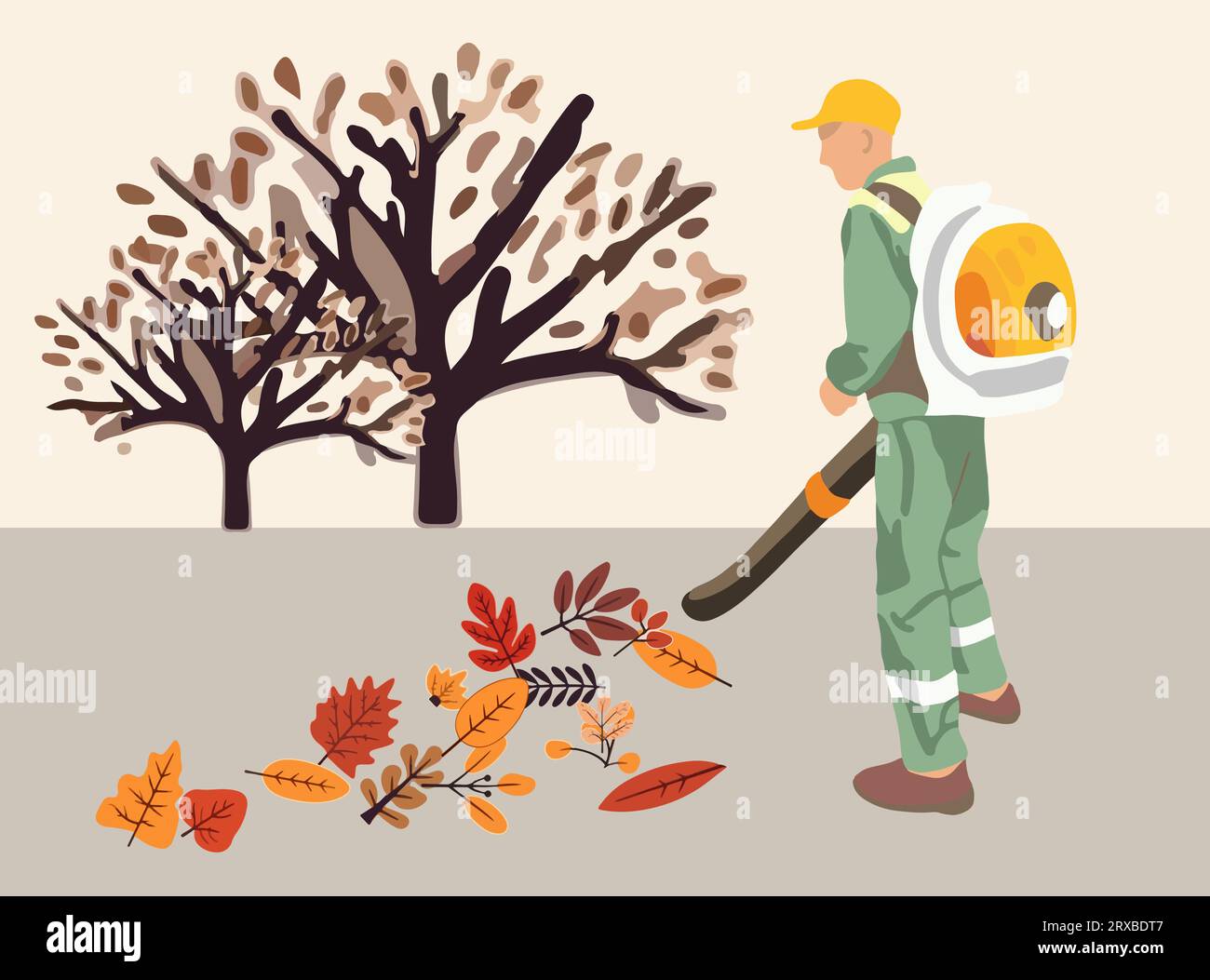 Illustration isolée vectorielle du nettoyage des feuilles d'automne. Un travailleur des services municipaux enlève les feuilles d’automne avec un aspirateur. Illustration de Vecteur