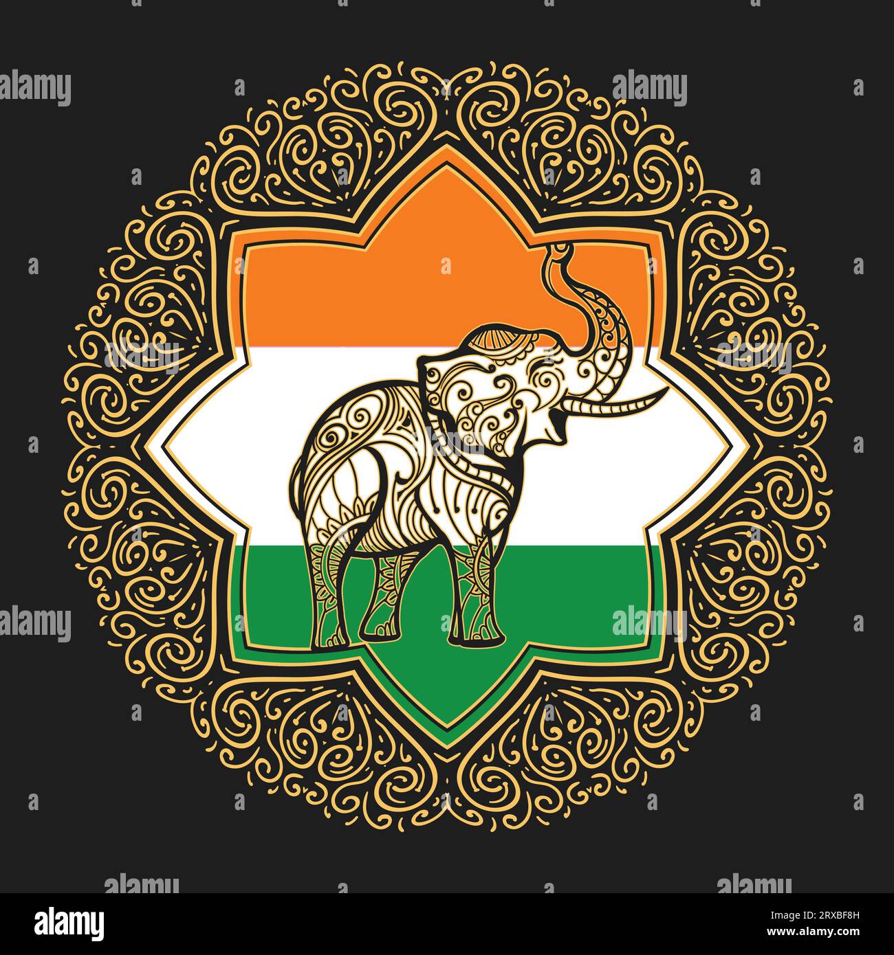 Symbole d'or de l'éléphant sur fond indien Mandala isolé sur fond noir. illustration vectorielle. Illustration de Vecteur