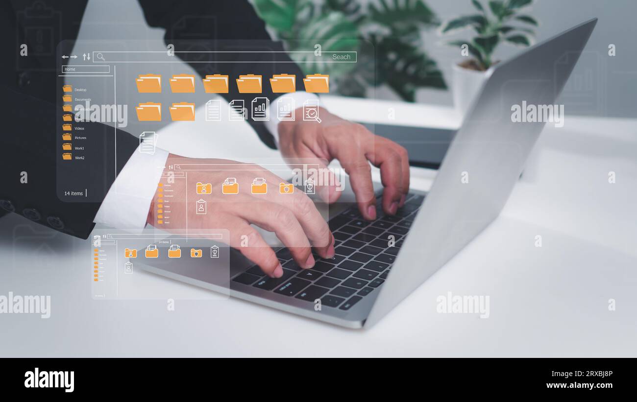 Dossier document Management System DMS Ouvrir le dossier de fichiers avec des documents vides avec ordinateur. Sauvegarde de transfert de données, partage de fichiers, transfert de documents Banque D'Images