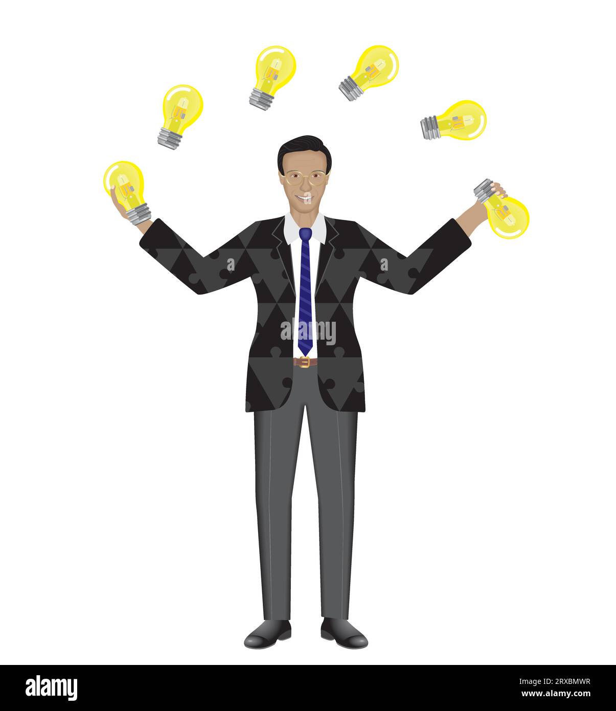 Homme jonglant avec des ampoules. Multitâche, coordination. Costume avec motif de pièces de puzzle. Isolé. Illustration vectorielle. Illustration de Vecteur