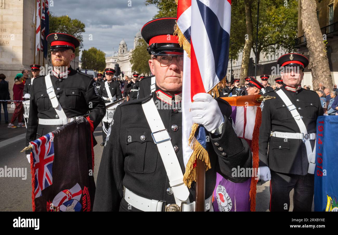 Les membres de l'Ulster Volunteer Force (UVF), paramilitaire loyaliste irlandaise, affichent leurs couleurs régimentaires au mémorial de guerre du cénotaphe à Wh Banque D'Images