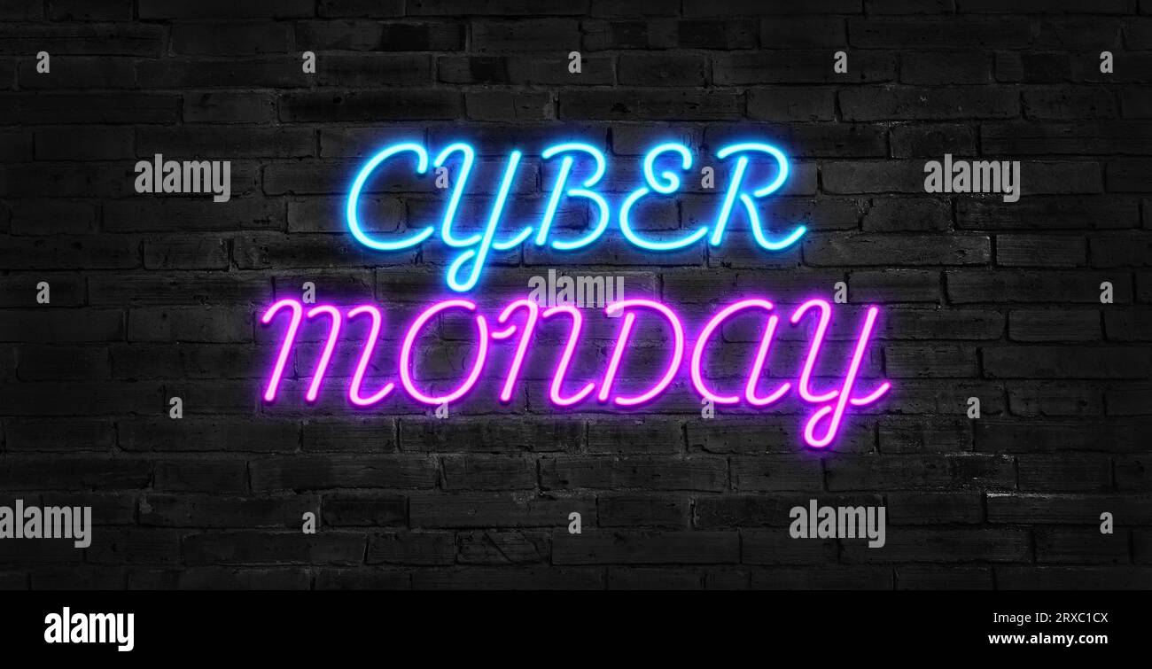 Bannière concept Cyber Monday dans le style néon à la mode, enseigne lumineuse, publicité nocturne des rabais de vente de cyber lundi. Illustration vectorielle. Banque D'Images