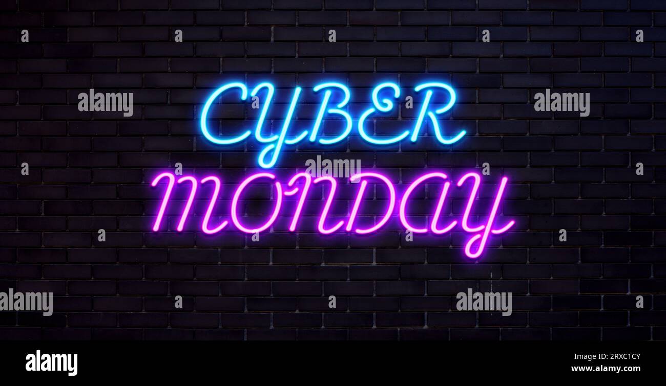 Bannière concept Cyber Monday dans le style néon à la mode, enseigne lumineuse, publicité nocturne des rabais de vente de cyber lundi. Illustration vectorielle. Banque D'Images