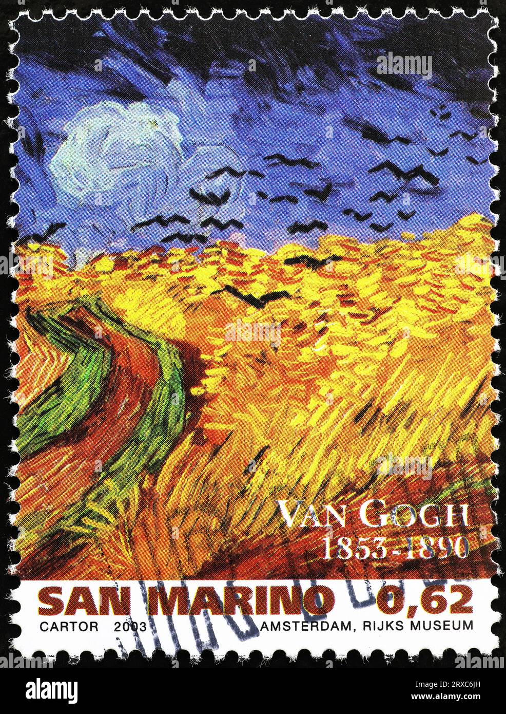 Détail de 'Wheatfield with Crows' par Van Gogh sur timbre Banque D'Images