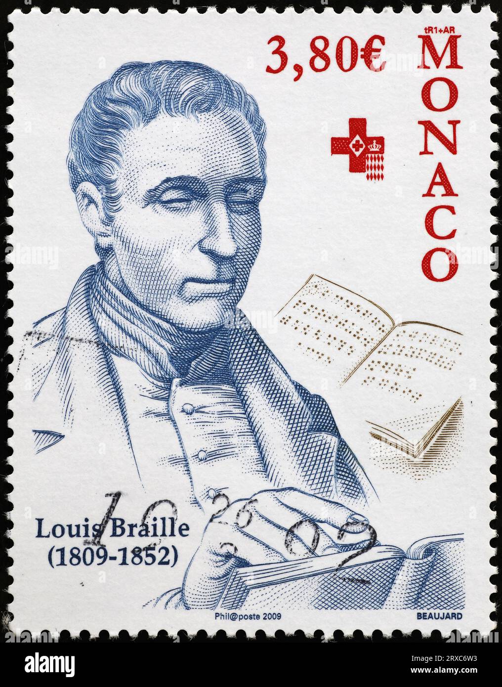 Portrait Louis Braille sur timbre de Monaco Banque D'Images