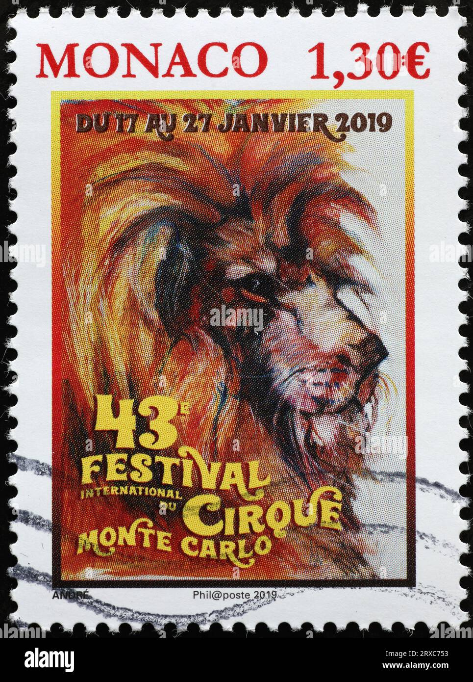 Affiche promouvant le Festival du Cirque de Monaco sur timbre Banque D'Images