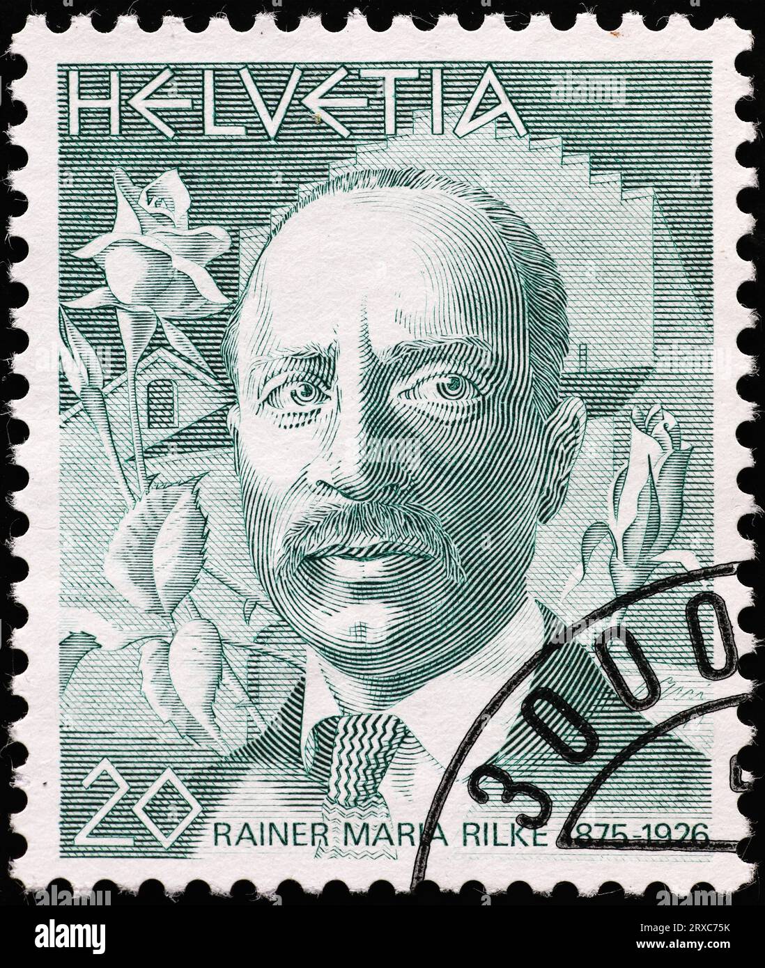 Portrait de Rainer Maria Rilke sur timbre-poste suisse Banque D'Images
