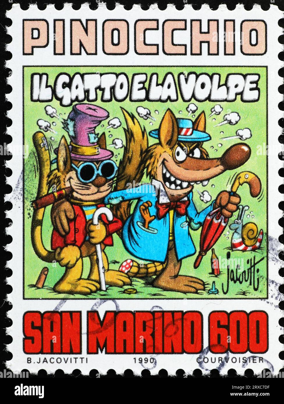 Le renard et le chat de Pinocchio dessinés avec humour par jacovitti sur timbre Banque D'Images