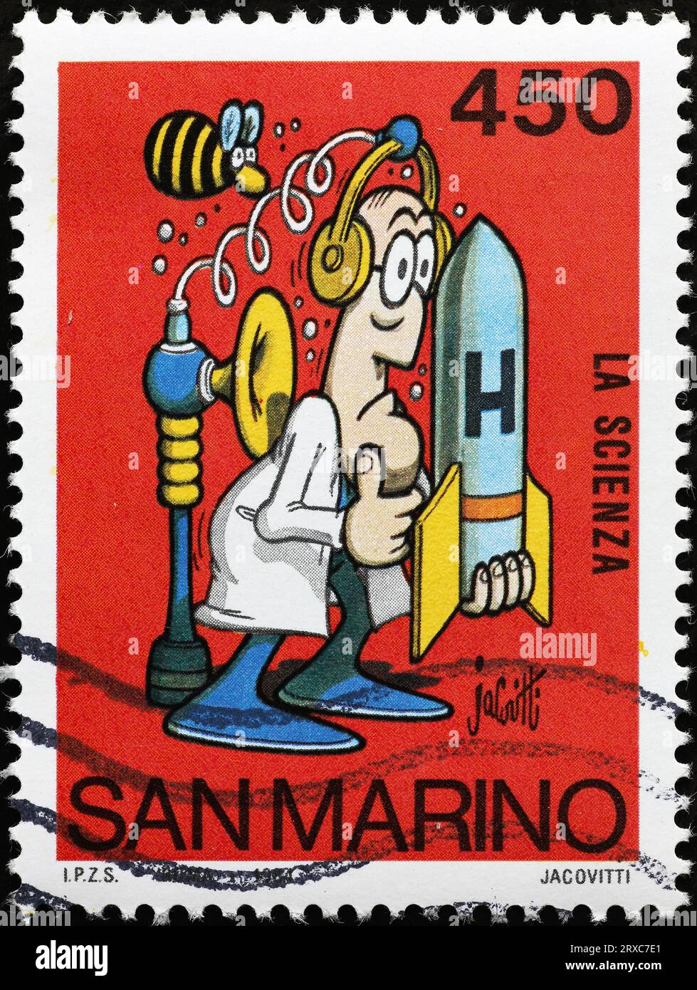 La science dessinée de manière humoristique par jacovitti sur timbre Banque D'Images