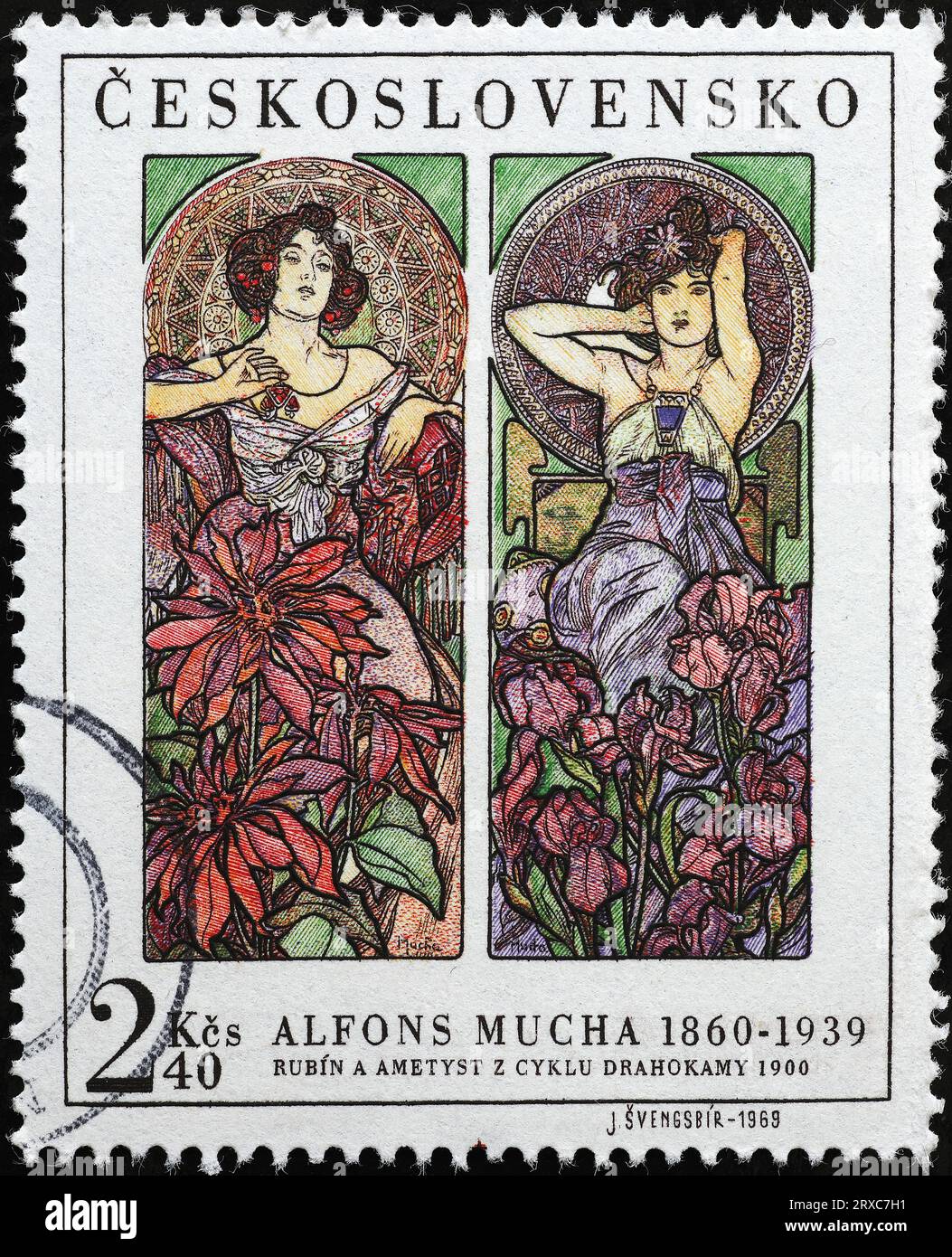 Deux femmes peintes par Alfons Mucha sur timbre tchèque Banque D'Images