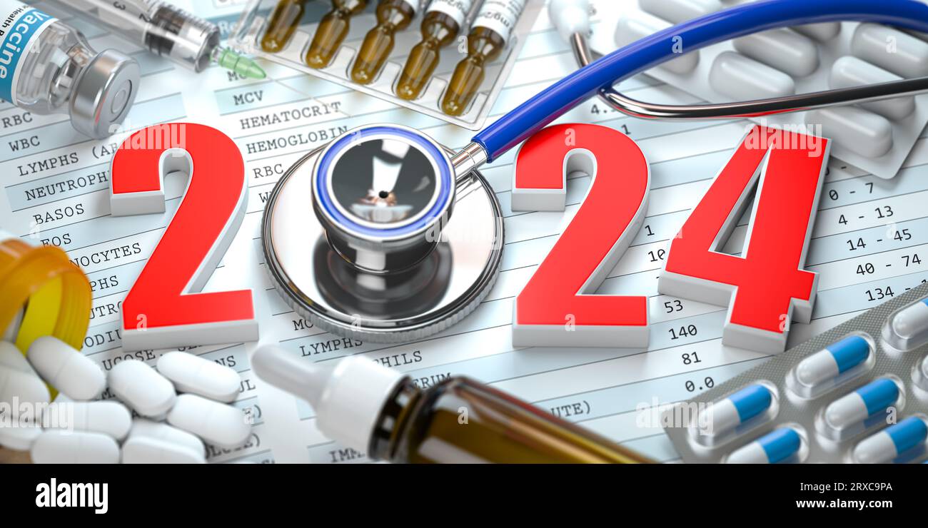 2024 bonne année. Concept de soins de santé, médecine et pharmacie. Numéro  2024 avec stéthoscope et médicaments. illustration 3d Photo Stock - Alamy