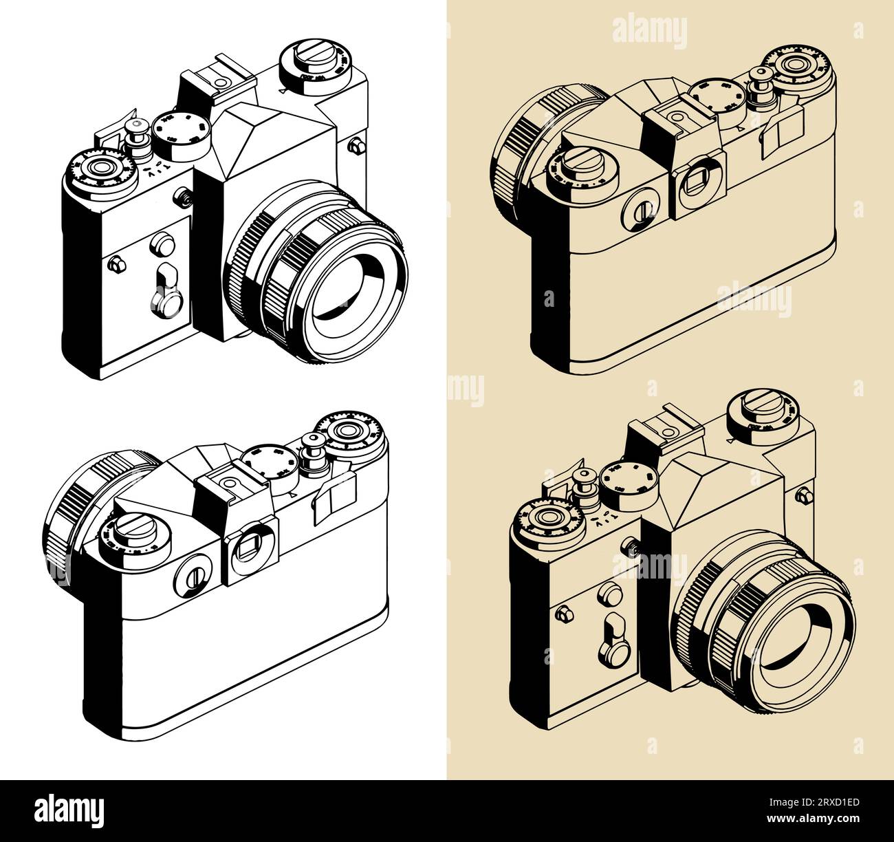 Illustrations isométriques vectorielles stylisées d'un appareil photo reflex rétro Illustration de Vecteur