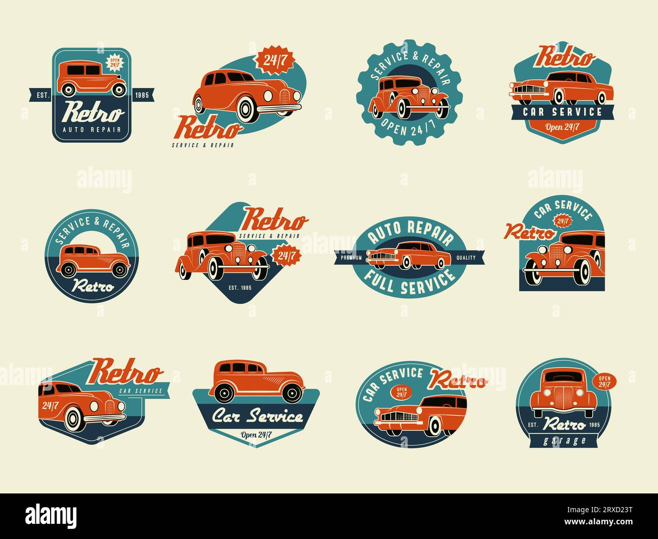 Étiquettes de voiture. Badges classiques rétro pour service de voiture de réparation modèle de vecteur récent isolé Illustration de Vecteur