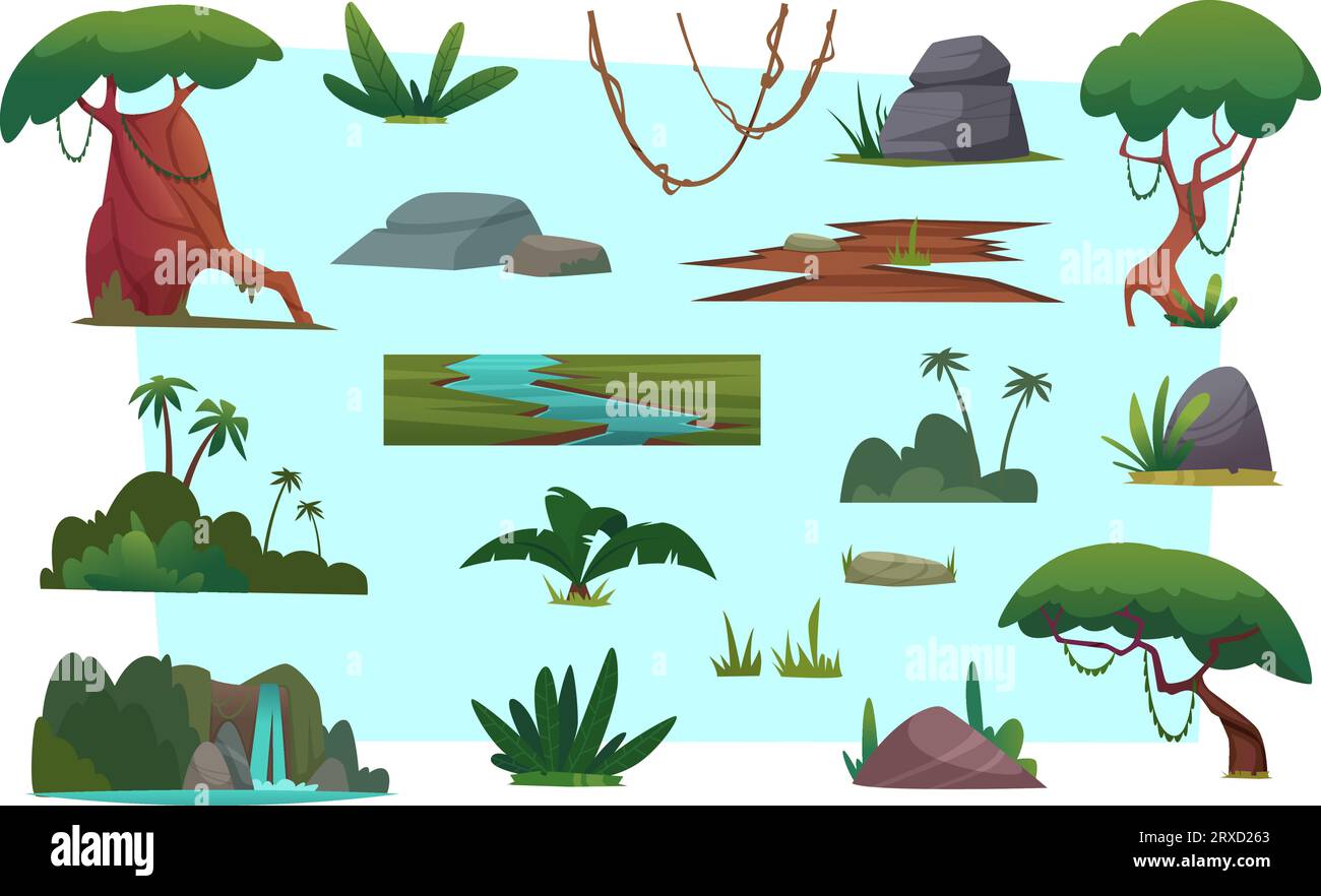 Arbre jungle. Plantes tropicales dans le kit de création de vecteur exact de style dessin animé Illustration de Vecteur