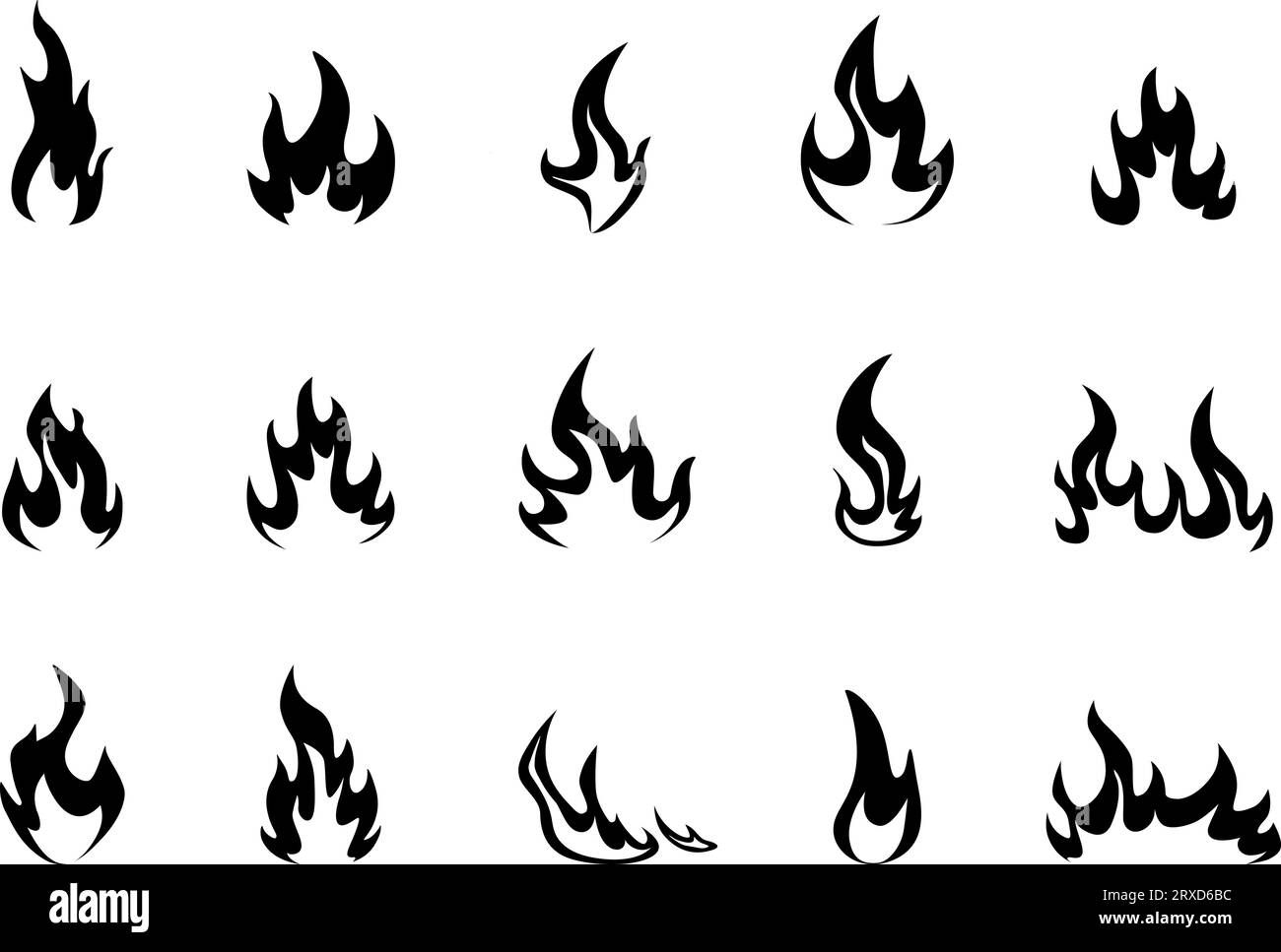 Icônes Blackfire. Flammes noires et silhouettes de feu, symboles de chaleur grillée. Substance combustible logo fiery, ensemble de vecteurs nowaday flambant monochrome Illustration de Vecteur