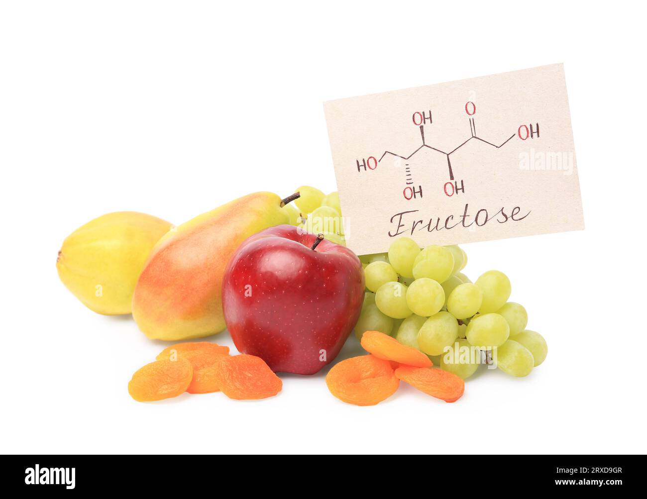 Carte avec mot fructose, délicieux fruits mûrs et abricots secs isolés sur blanc Banque D'Images