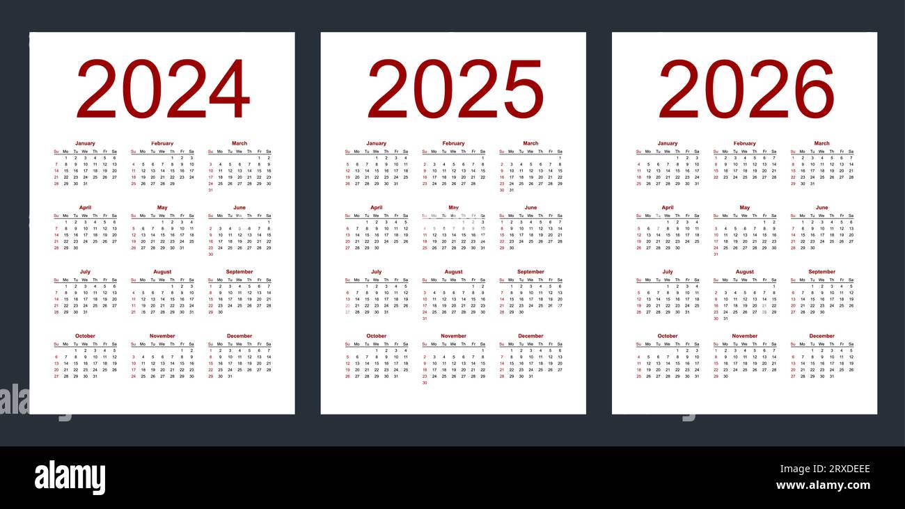 Calendriers vectoriels modifiables simples pour les années 2024, 2025