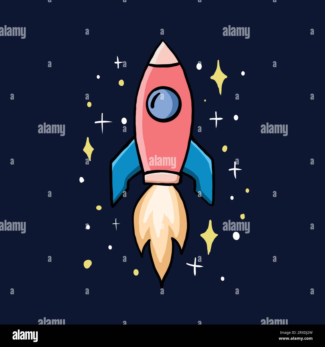 illustration vectorielle de fusée spatiale dans le style de conception plat dessiné à la main avec des étoiles Illustration de Vecteur