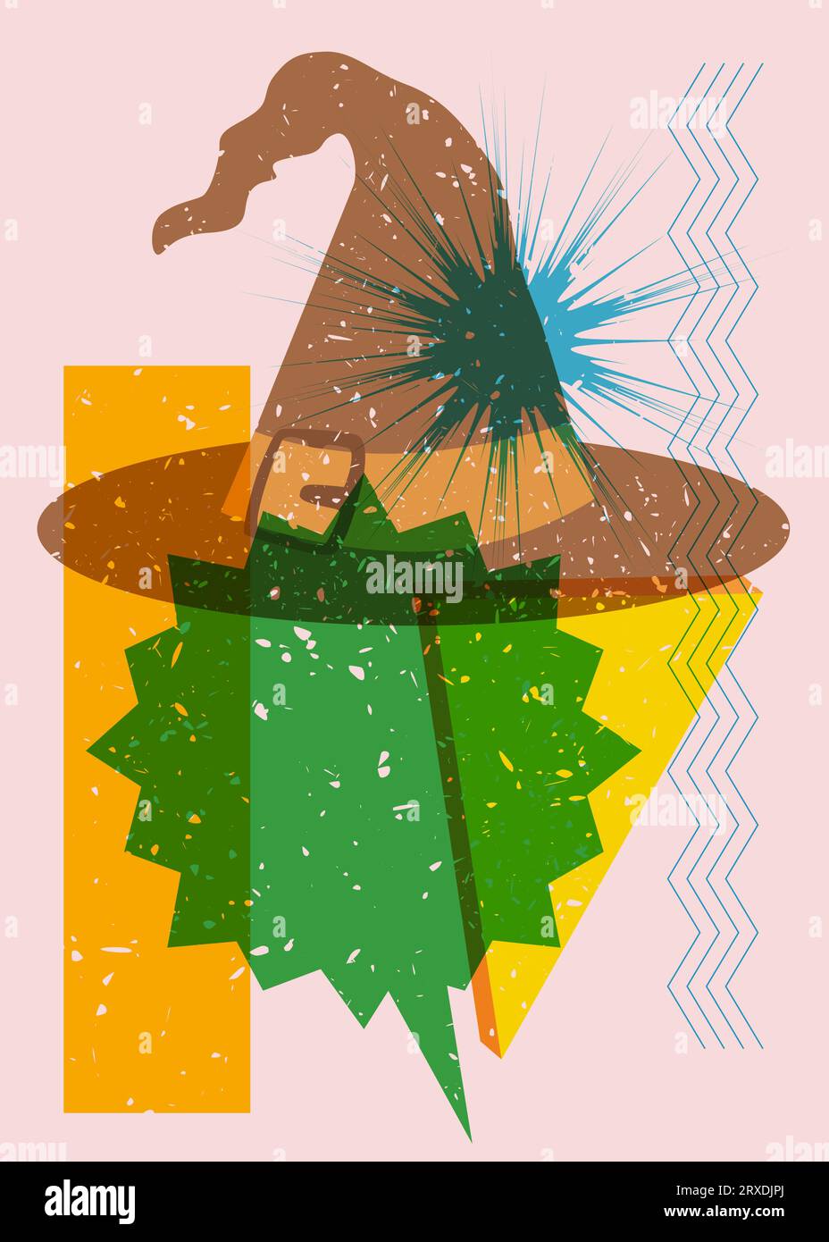 Risograph Halloween Witch's Hat avec bulle de discours et formes géométriques. Vacances dans le design graphique riso tendance. Illustration de Vecteur