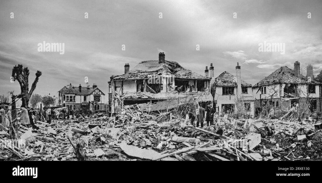 Les ruines de maisons à Clacton, Essex, Angleterre ont causé quand un bombardier allemand poseur de mines a été abattu le 30 avril 1940. Deux personnes ainsi que l'équipage ont été tués et de nombreux blessés, la première de la Seconde Guerre mondiale. Banque D'Images