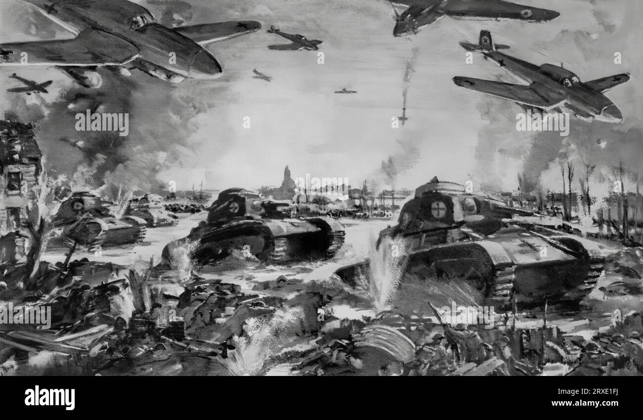 Une illustration du Blitzkrieg allemand en Flandre, Belgique, mai 1940., par Charles Ernest Cundall, artiste britannique. L'attaque surprise a utilisé une concentration rapide et écrasante de forces d'infanterie blindée et motorisée ou mécanisée, ainsi que de l'artillerie, des assauts aériens et un appui aérien rapproché. Banque D'Images