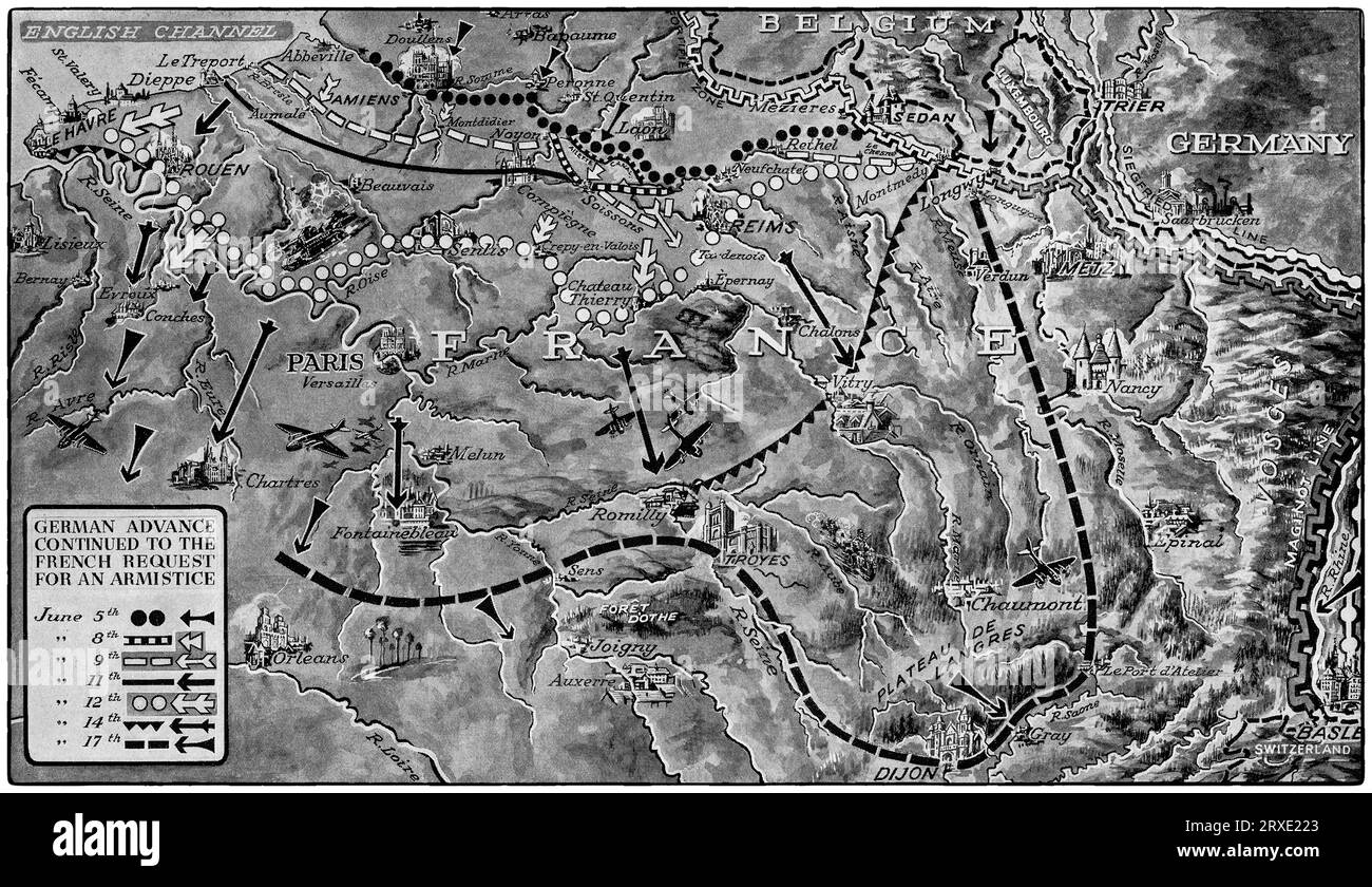 Une carte illustrant l'avancée allemande de la Wermacht à travers la France pendant les premières étapes de la Seconde Guerre mondiale jusqu'à la signature d'un armistice le 22 juin 1940. Banque D'Images
