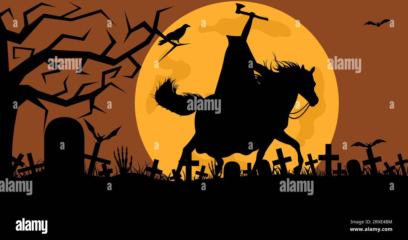 Illustration d'un cavalier sans tête chevauchant un cheval sur un fond de cimetière Banque D'Images