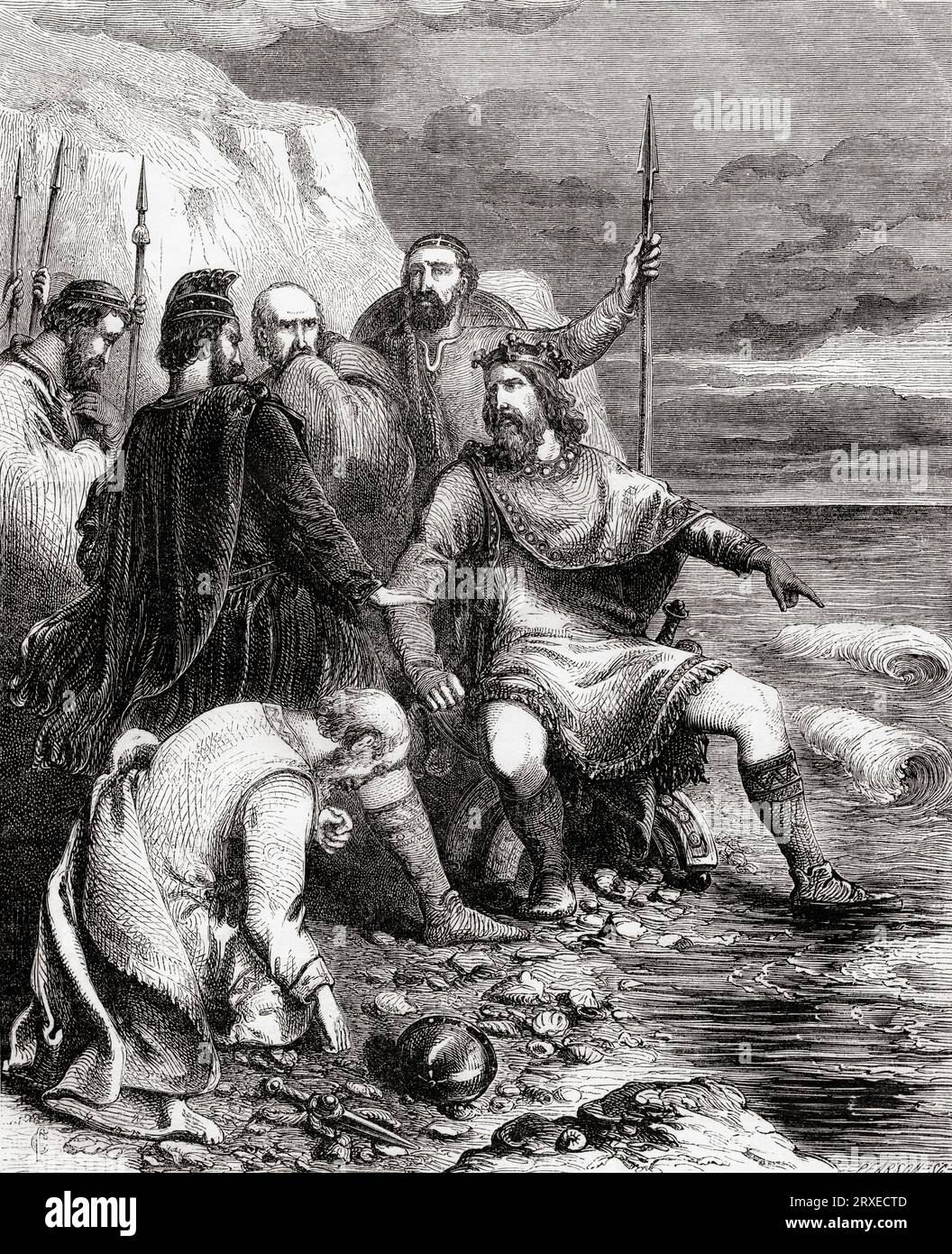 Le roi Canute reproche à ses courtisans de croire qu'il avait le pouvoir sur les éléments. Il avait ordonné à la mer de rester à l'écart de sa terre. Quand il a trempé ses pieds, il a réprimandé son entourage pour leur stupide flatterie. Cnut, c. 990 – 1035, alias Cnut le Grand et Canute. Roi d'Angleterre à partir de 1016, roi de Danemark à partir de 1018, et roi de Norvège à partir de 1028 jusqu'à sa mort en 1035. Extrait de Cassell's Illustrated History of England, publié en 1857. Banque D'Images