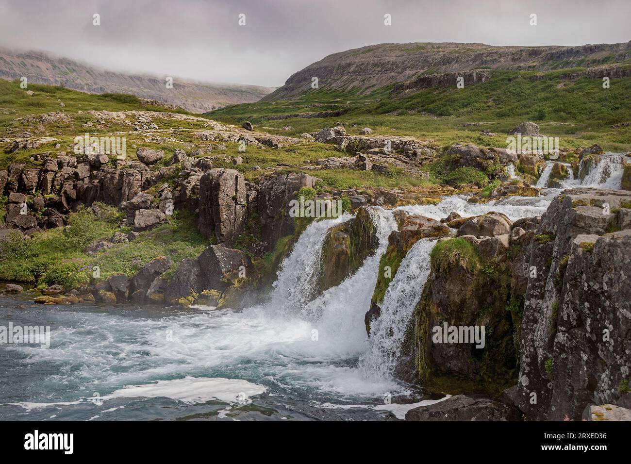 Trois ruisseaux d'eau vive forment la cascade Baejarfoss dans le parc Dynjandi en Islande avec une végétation de toundra et un ciel nuageux en arrière-plan Banque D'Images