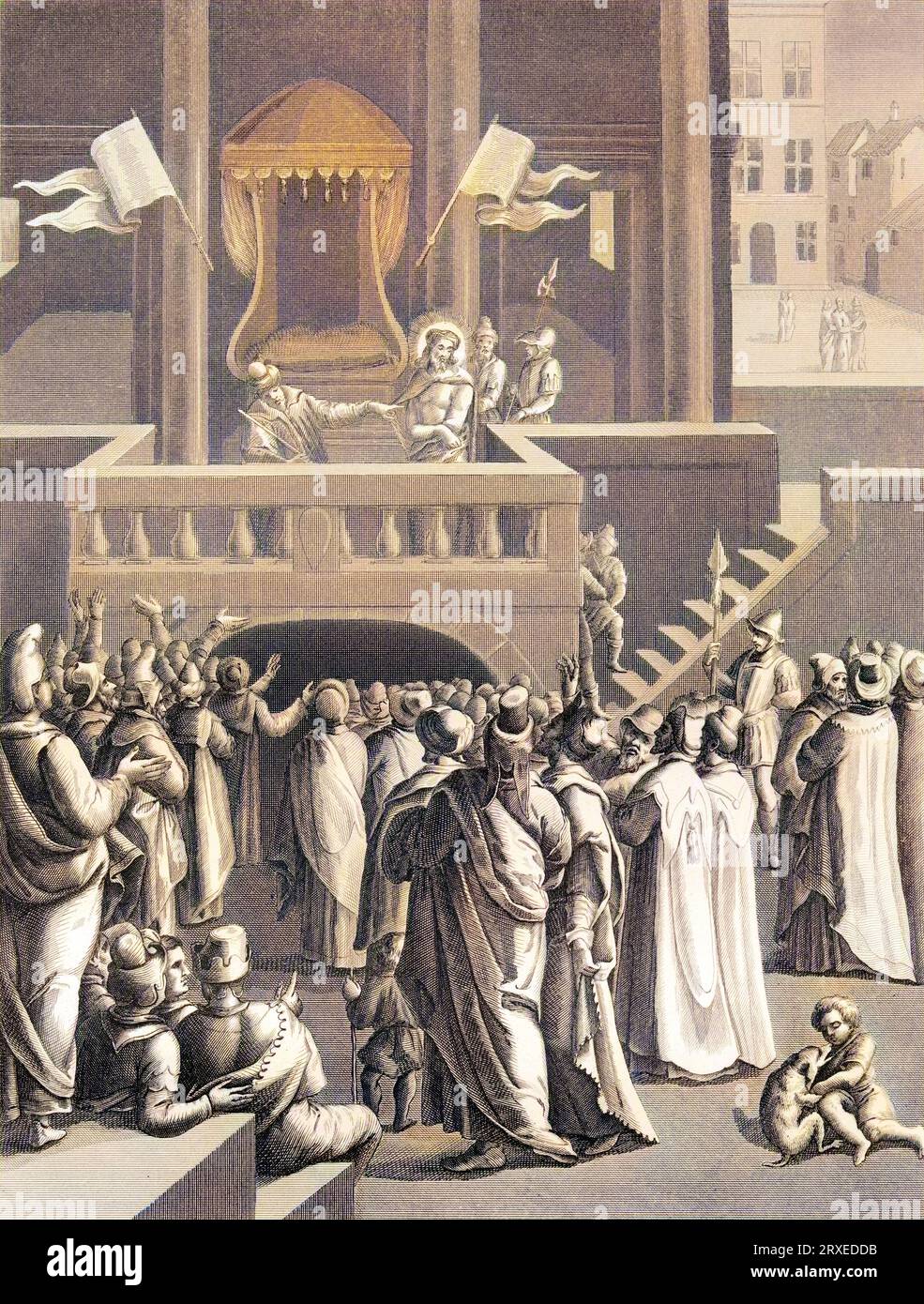 Ponce Pilate présente Jésus-Christ avec des épines à la foule en disant que voici l'Homme Illustration colorée pour la vie de notre Seigneur Jésus Christ écrite par les quatre évangélistes, 1853 Banque D'Images