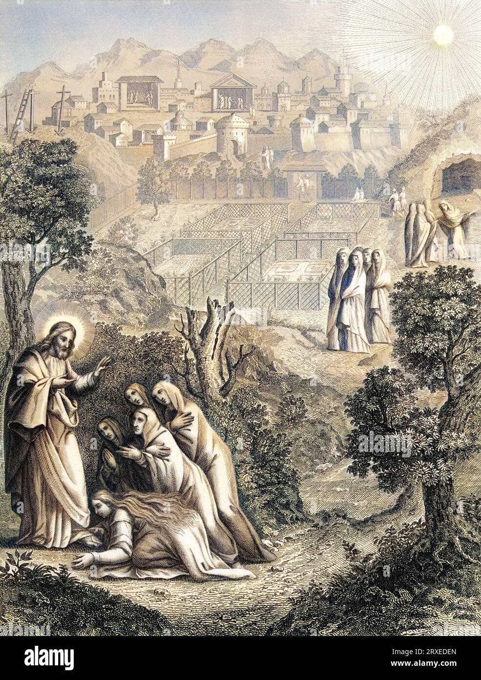 Jésus apparaît aux Saintes femmes. Illustration colorée pour la vie de notre Seigneur Jésus Christ écrite par les quatre évangélistes, 1853 Banque D'Images