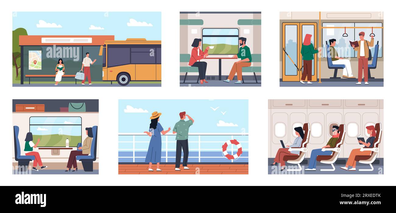 Passagers dans différents transports urbains. Les voyageurs de bateau, bus ou train, les gens font la navette longue distance, assis et debout. Transports urbains Illustration de Vecteur