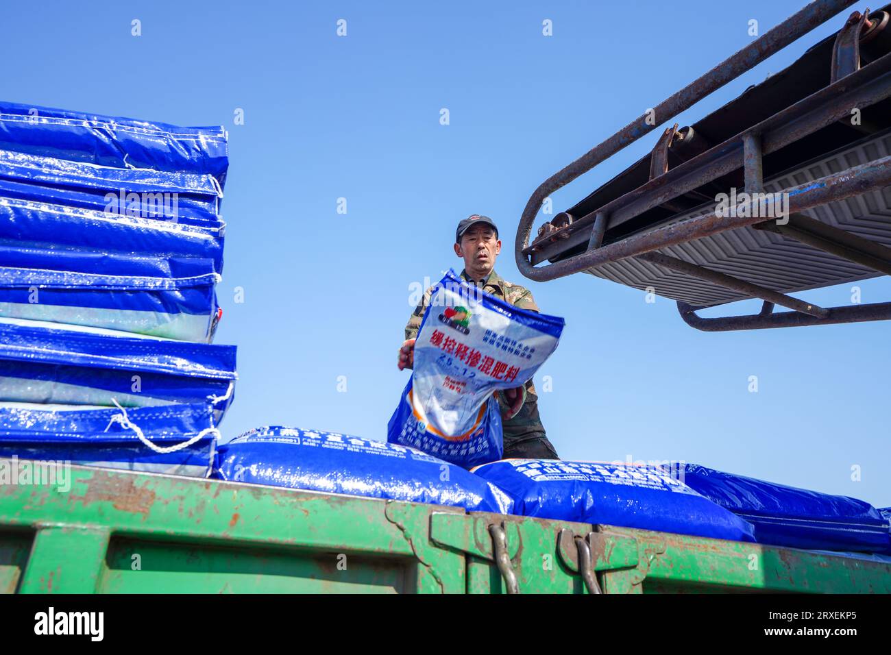 Comté de Luannan, Chine - 7 février 2023 : des travailleurs utilisent des bandes transporteuses pour transporter des engrais composés dans une usine, comté de Luannan, province du Hebei, C. Banque D'Images