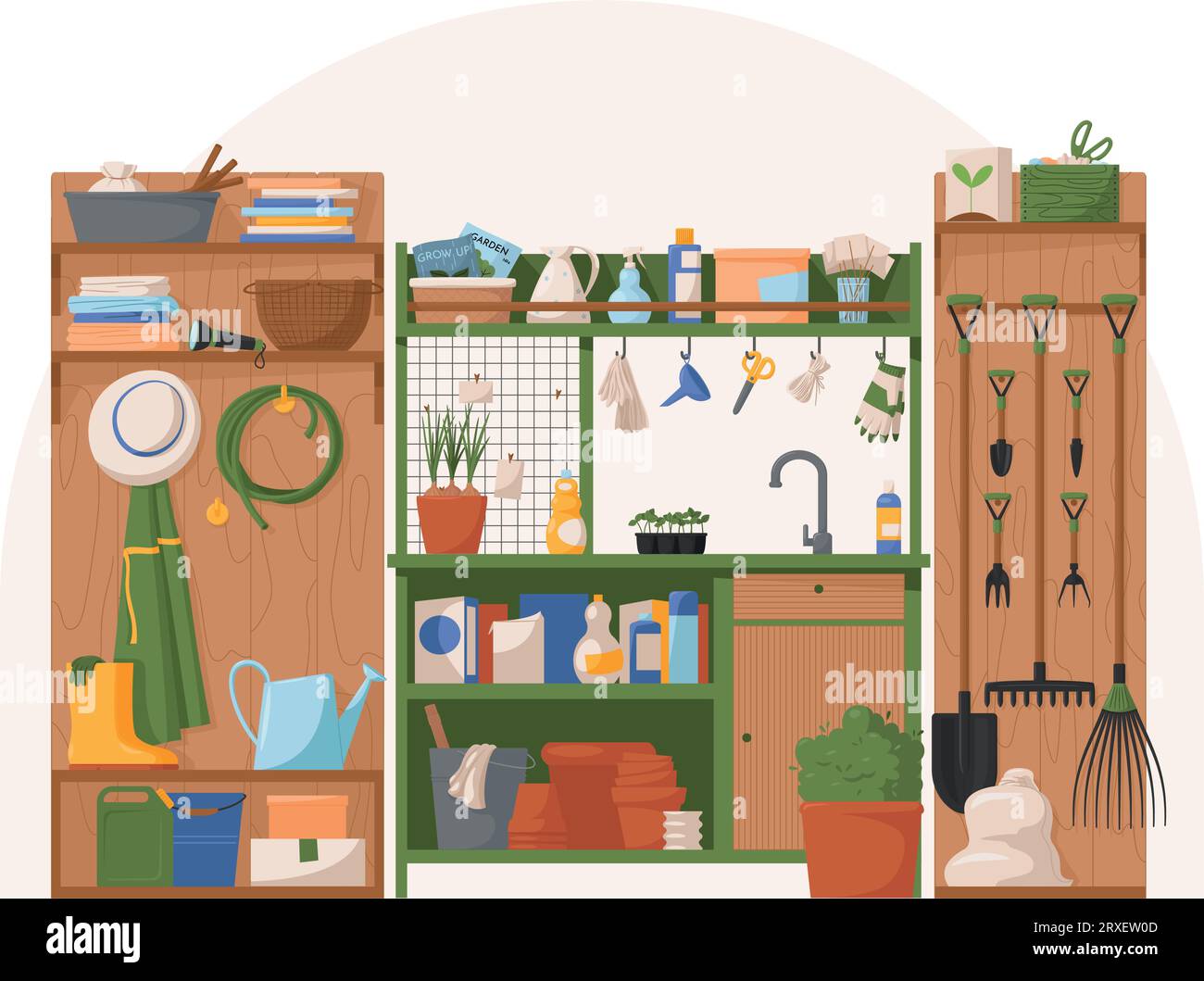 table de jardinage avec étagères et évier, outils et fleurs Illustration de Vecteur