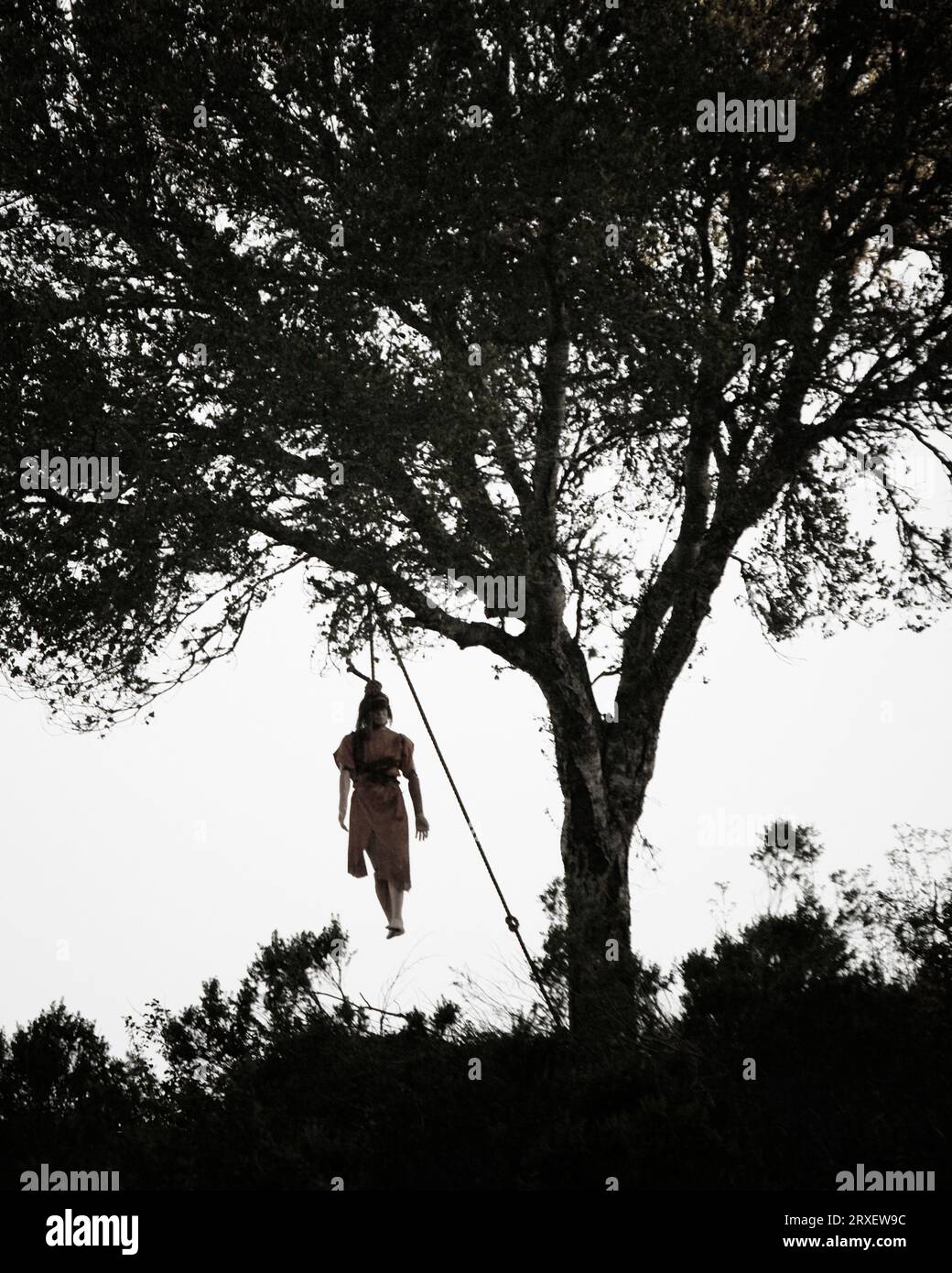 Mannequin féminin suspendu à un arbre. Banque D'Images