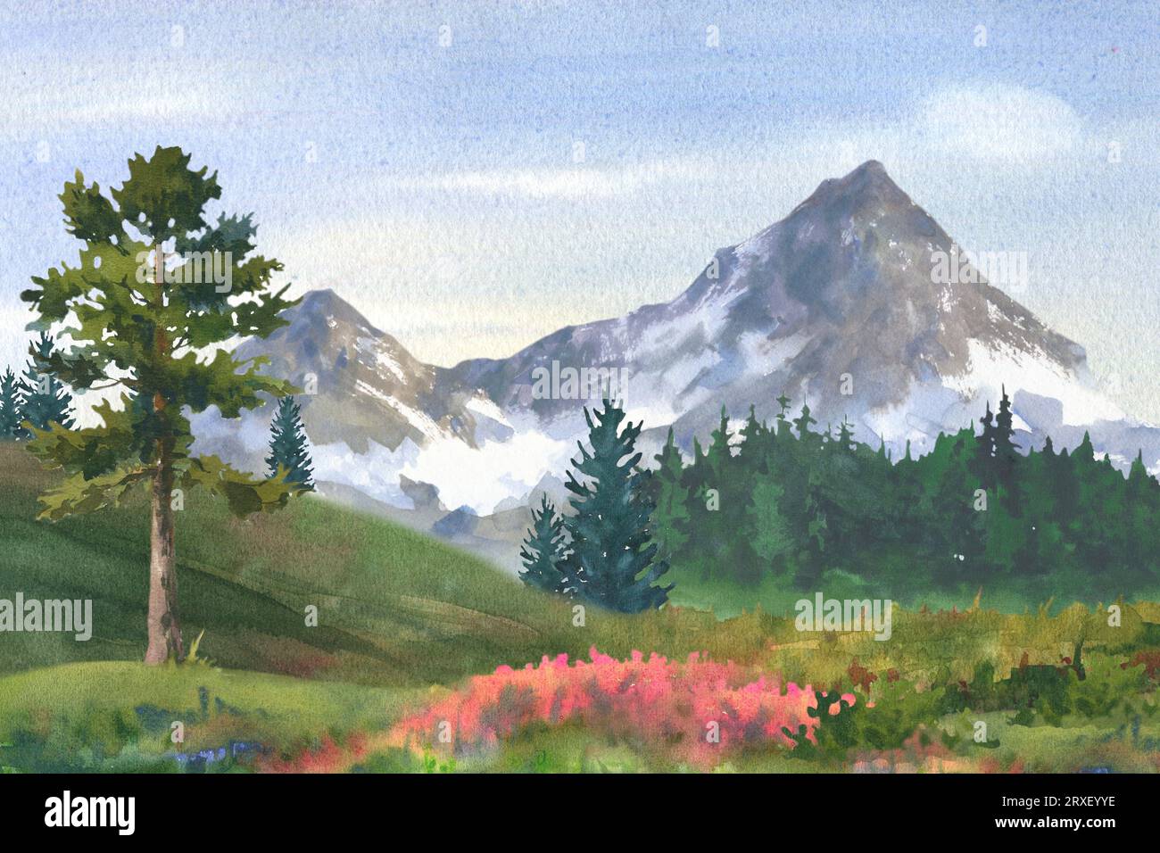 Style aquarelle de paysage de montagne isolé sur fond blanc. Pic de montagne enneigé avec un sapin. Paysage de montagne aquarelle. Idéal pour les postc Banque D'Images