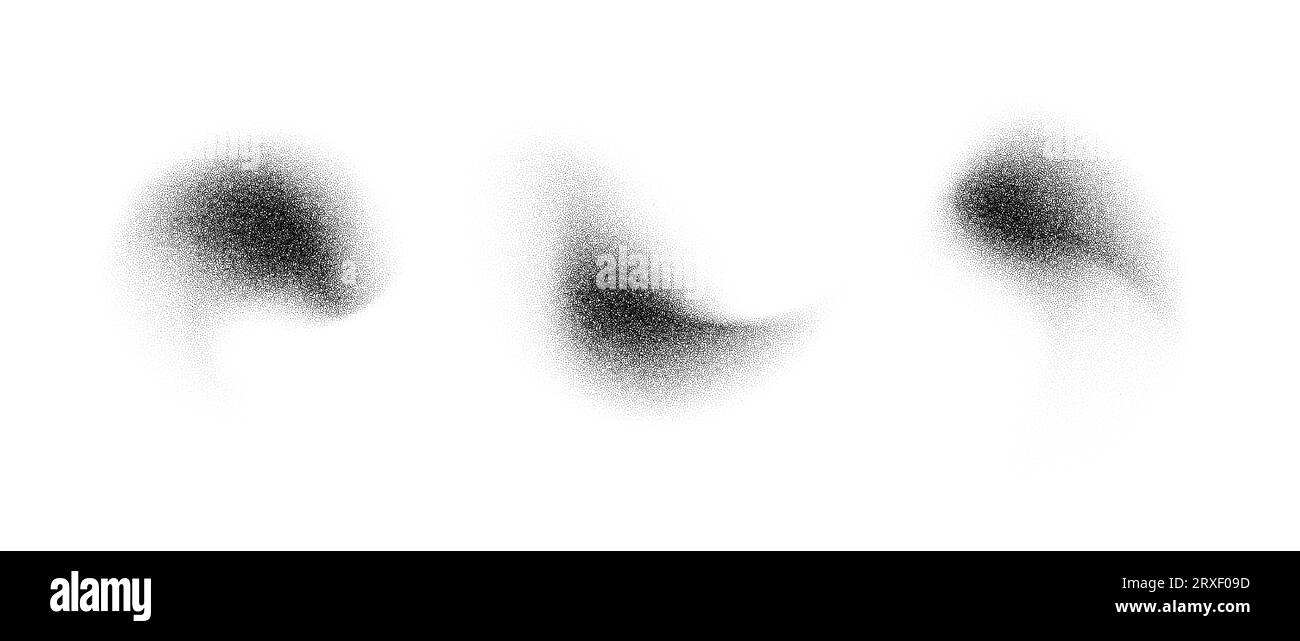 Eléments de gradient pointillés fluides abstraits. Texture de grain de bruit tache ensemble de forme. Ombres à pois noirs et blancs et taches de poussière de sable. Collection de formulaires anti-éclaboussures de demi-tons. Éclaboussures vectorielles Illustration de Vecteur