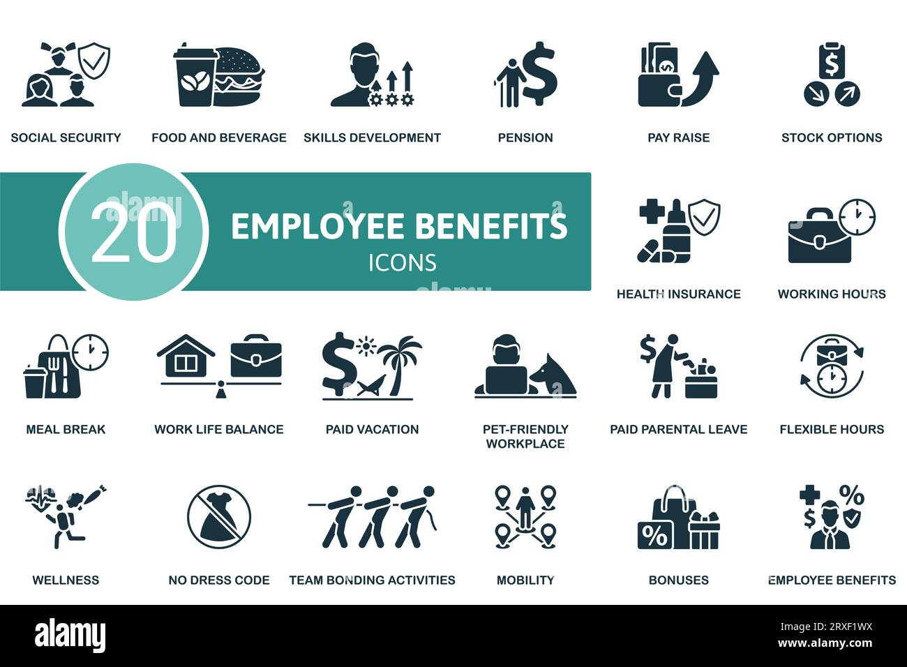 Ensemble d'avantages sociaux. Icônes créatives : sécurité sociale, nourriture et boissons, développement des compétences, retraite, augmentation de salaire, stock options, assurance maladie Illustration de Vecteur
