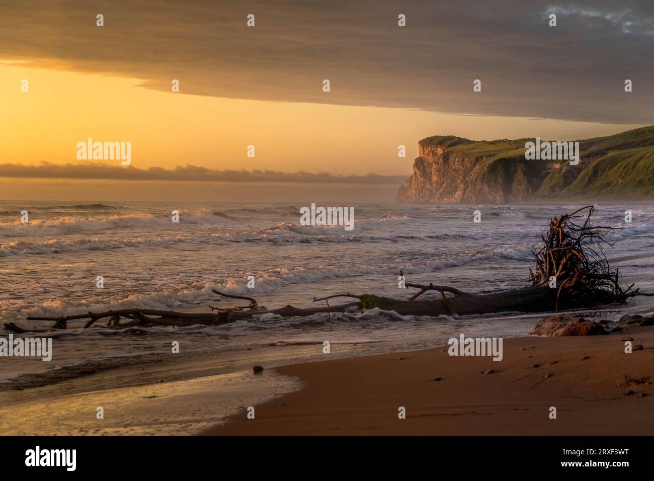 La plage de sable de la mer du Japon avec le rocher pittoresque sur le fond pendant le beau lever de soleil coloré dans la région de Primorsky, en Russie. Banque D'Images