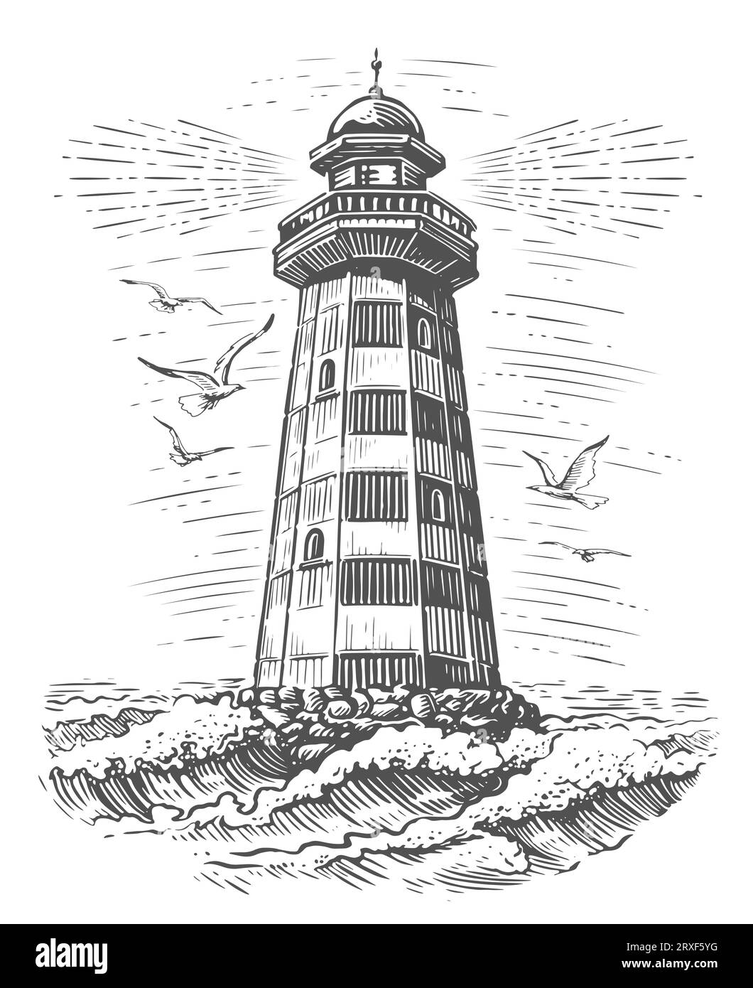 Vieux phare vintage et vagues de la mer. Illustration de style gravure de balise Banque D'Images