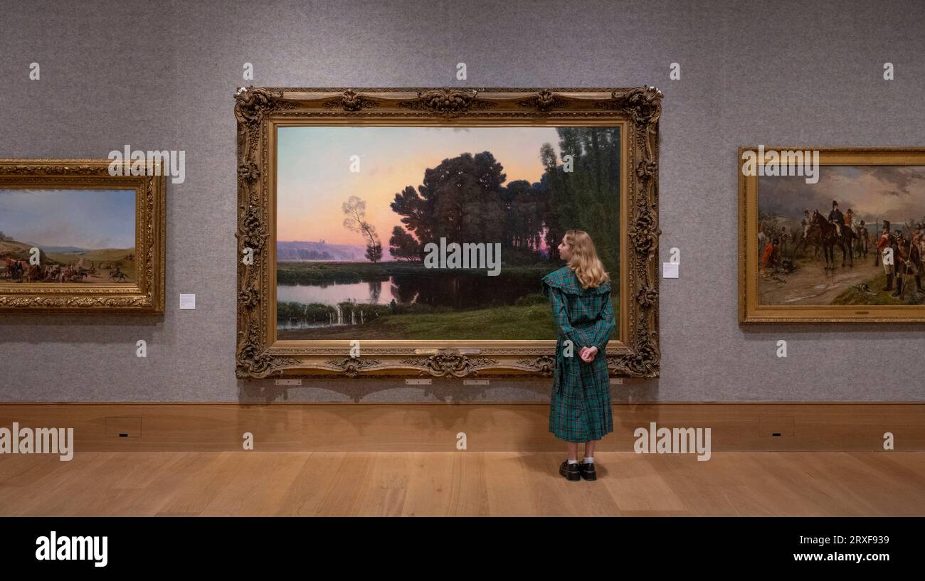 Bonhams, Londres, Royaume-Uni. 25 septembre 2023. La vente d'art impressionniste britannique et du 19e siècle a lieu à Bonhams le 27 septembre. Travaux : William Didier-Pouget, Soleil levant, vallée de la Dordogne, estimation £8 000-12.000. Crédit : Malcolm Park/Alamy Live News Banque D'Images