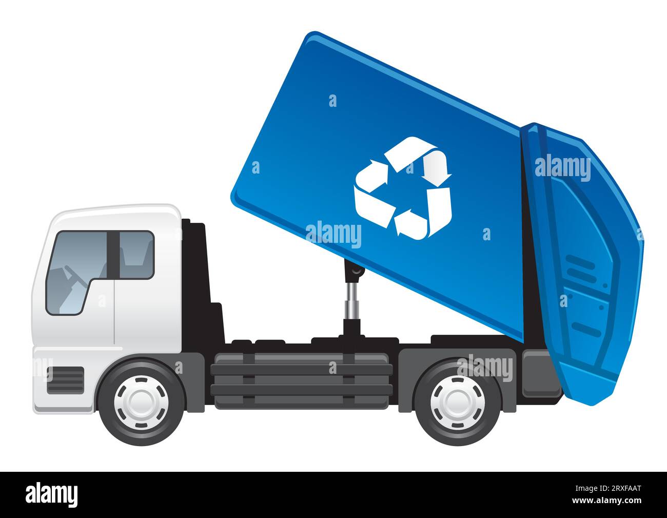 Vector Blue Recycling Truck vue latérale Illustration isolé sur Un fond blanc. Illustration de Vecteur