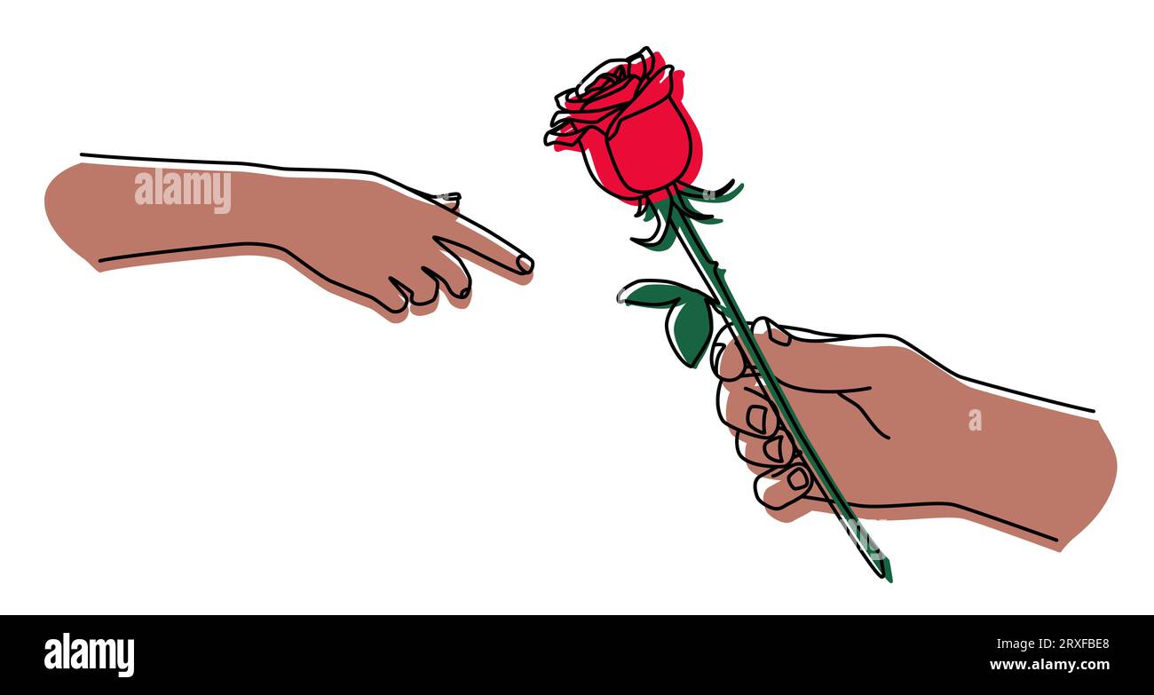 Main tenant une rose et lui donnant. L'homme donne une fleur à une femme. Tracé à la main avec une ligne fine. Illustration vectorielle isolée sur fond blanc Illustration de Vecteur