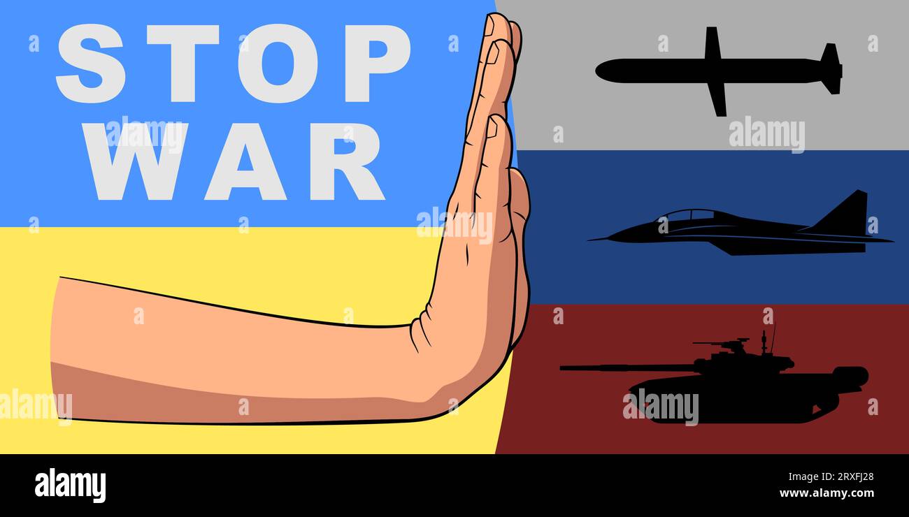 Arrêtez la guerre en Ukraine. Main poussant des équipements militaires. Illustration d'affiche vectorielle imprimable. Illustration de Vecteur