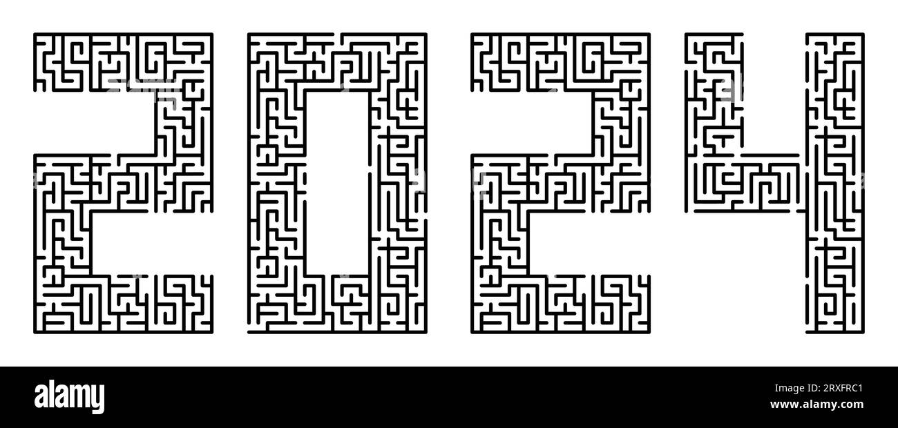 Nouvel an 2024, chiffres écrits en police faite à partir de lignes de labyrinthe. Chiffres abstraits de la nouvelle année. Elément de conception de labyrinthe. iso vectoriel noir et blanc simple Illustration de Vecteur