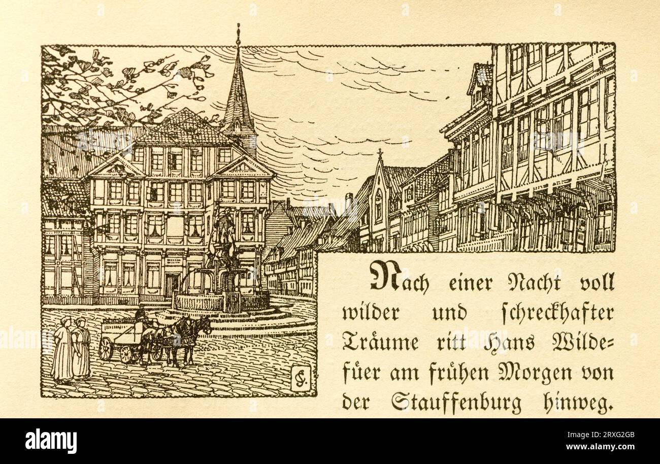 Neustaedter Schenke, vue historique de la ville, illustration de Carl Sandtrock avec le type de fracture du roman Wildefueer de Hildesheim de Paul Banque D'Images