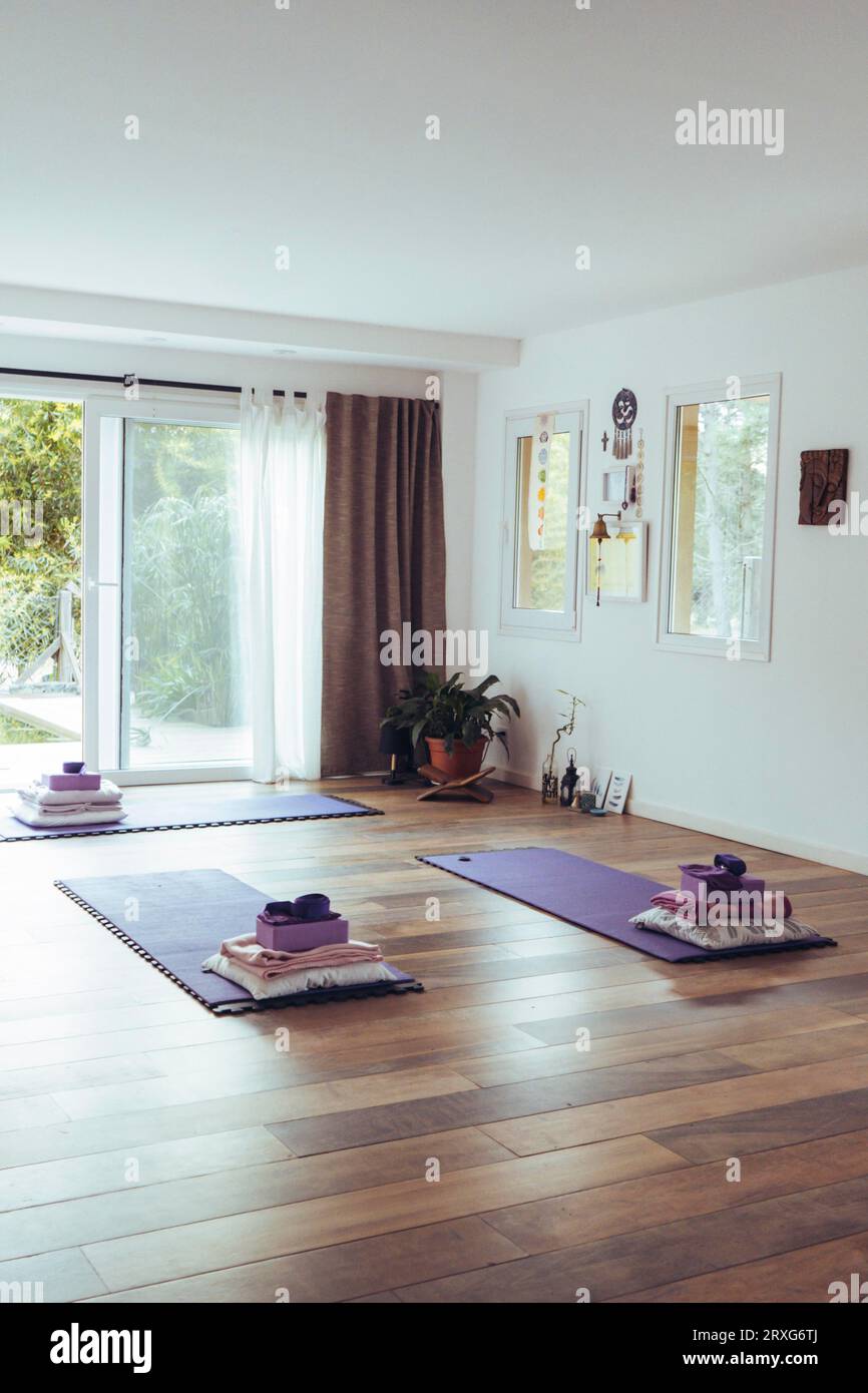Intérieur de studio de yoga vide. Espace de copie. Tir vertical Banque D'Images